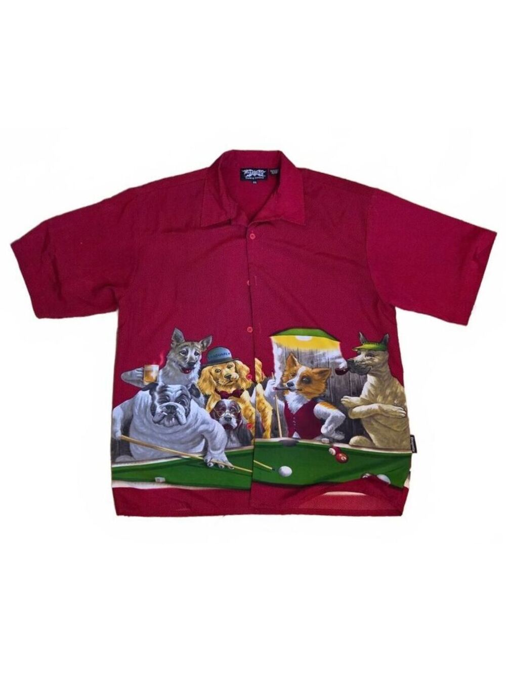 Vintage Y2K Dragonfly Dogs Playing Pool Billiards Shirt Mens XXL Red Textured